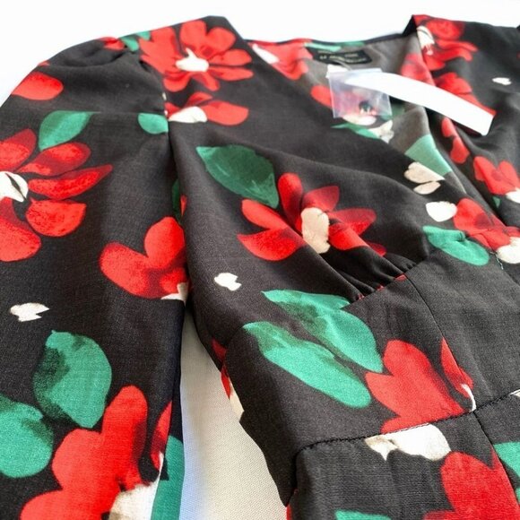 NWT U0 MICHELLE BLACK RED FLORAL LONG SLEEVE V-NECK BUTTON FRONT MINI DRESS - Picture 9 of 12